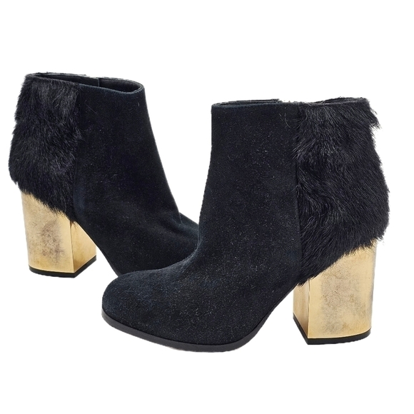 Furla Shoes - Furla Womens Ankle Bootie Round Toe Zip Side Gold Heels Leather Black Size 35.5